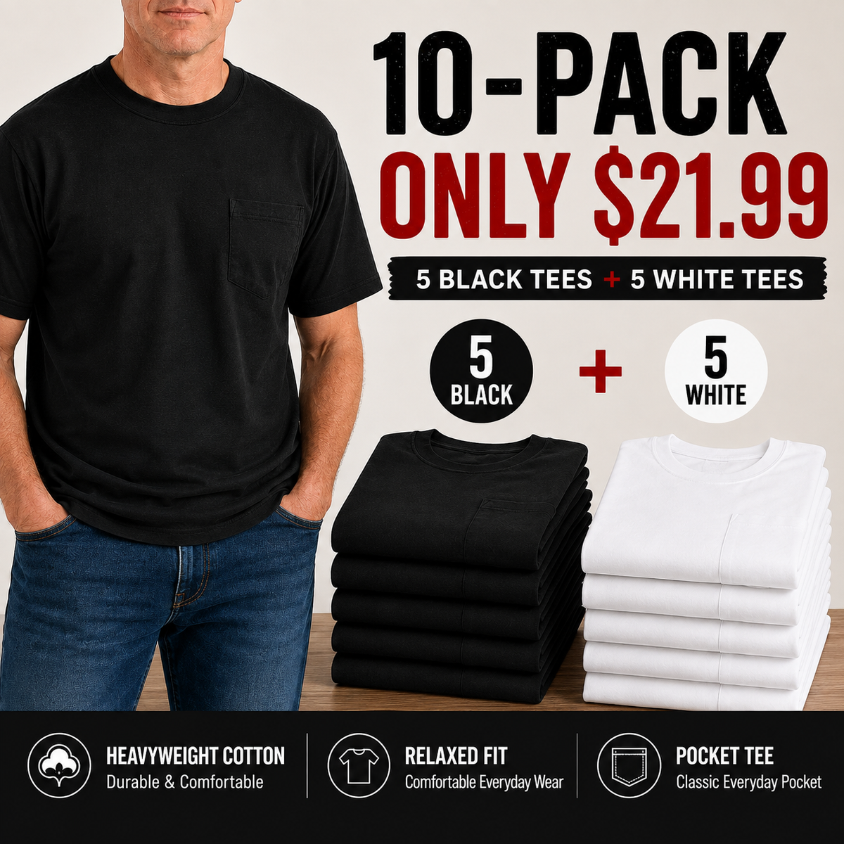 🔥Men's Heavyweight Cotton Pocket T-Shirt – Relaxed Fit Everyday Casual Tee