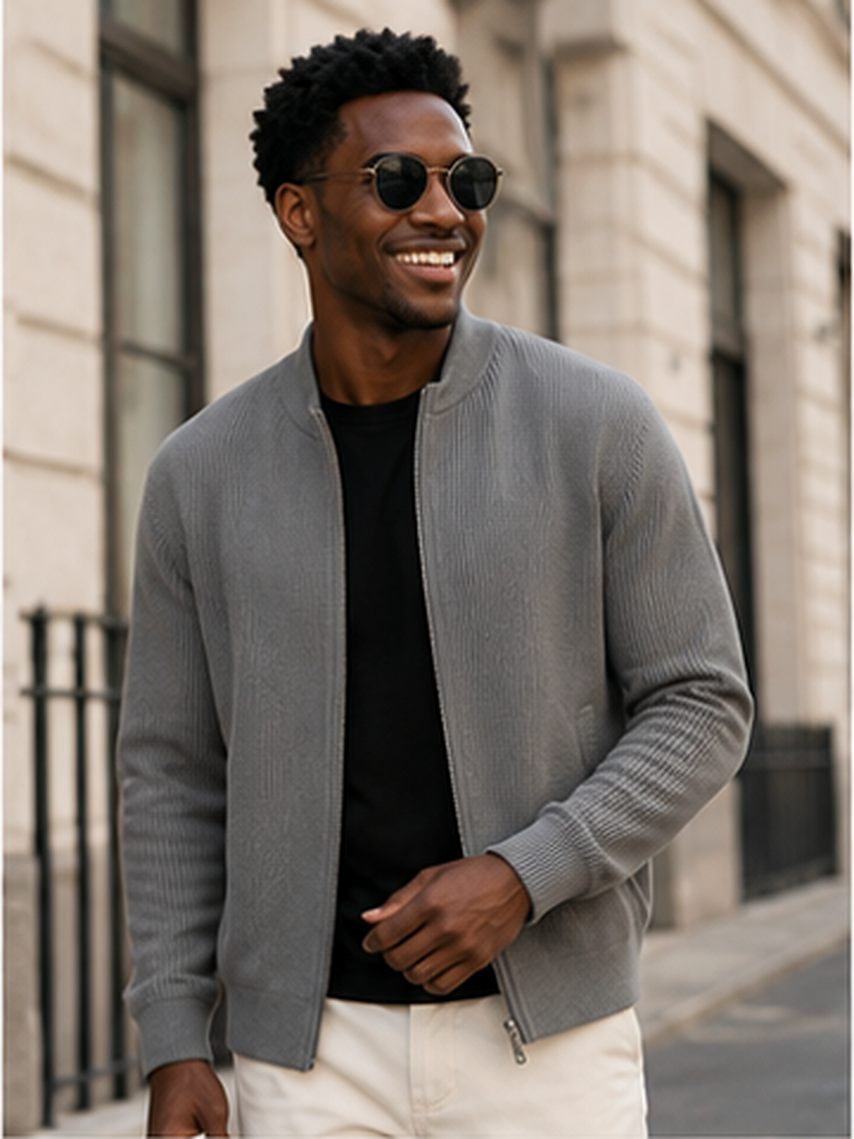 Men's Simple Casual Ribbed Stand Collar Zipper  Long Sleeved Jacket