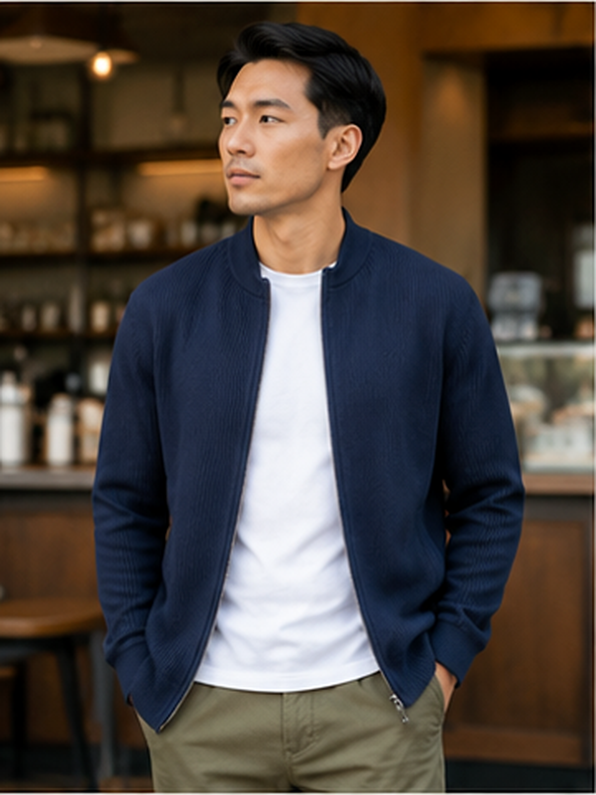Men's Simple Casual Ribbed Stand Collar Zipper  Long Sleeved Jacket