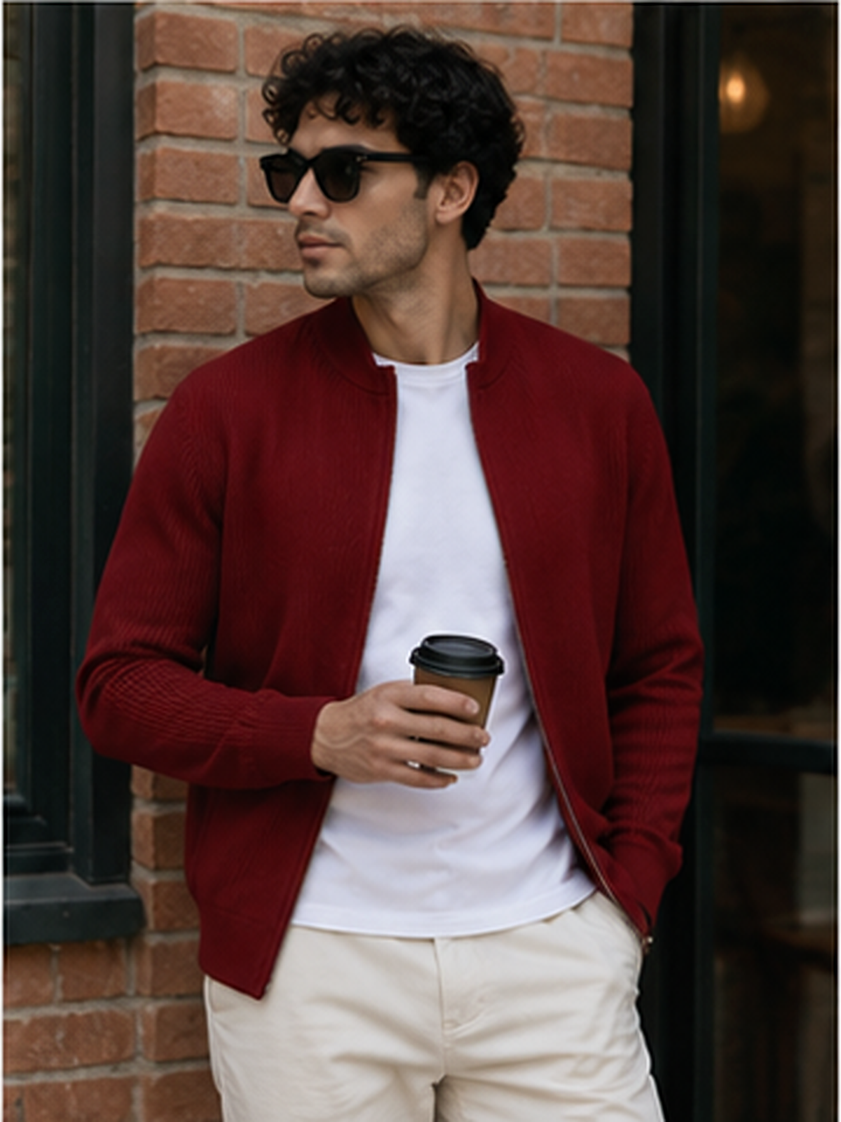 Men's Simple Casual Ribbed Stand Collar Zipper  Long Sleeved Jacket