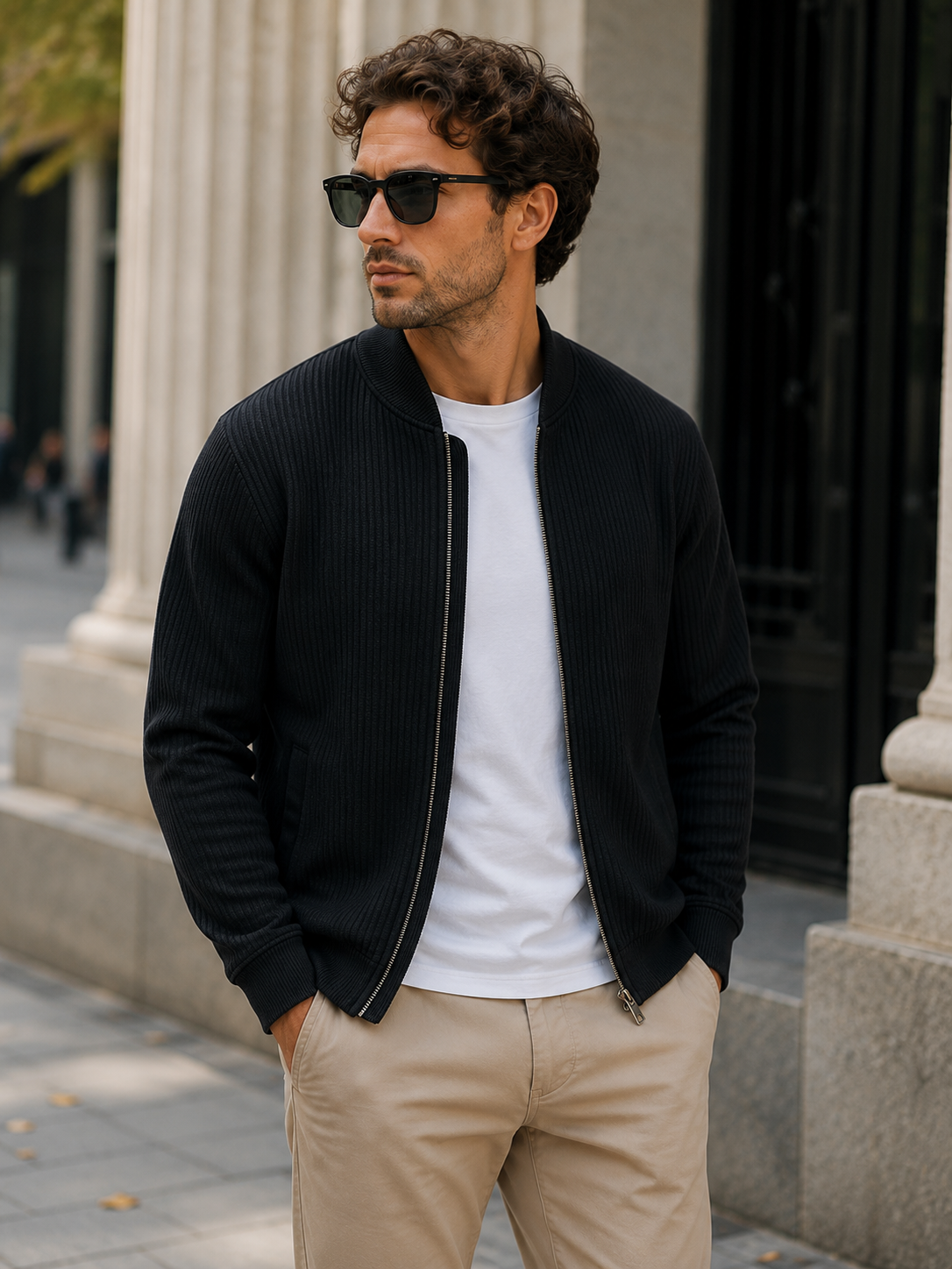 Men's Simple Casual Ribbed Stand Collar Zipper  Long Sleeved Jacket