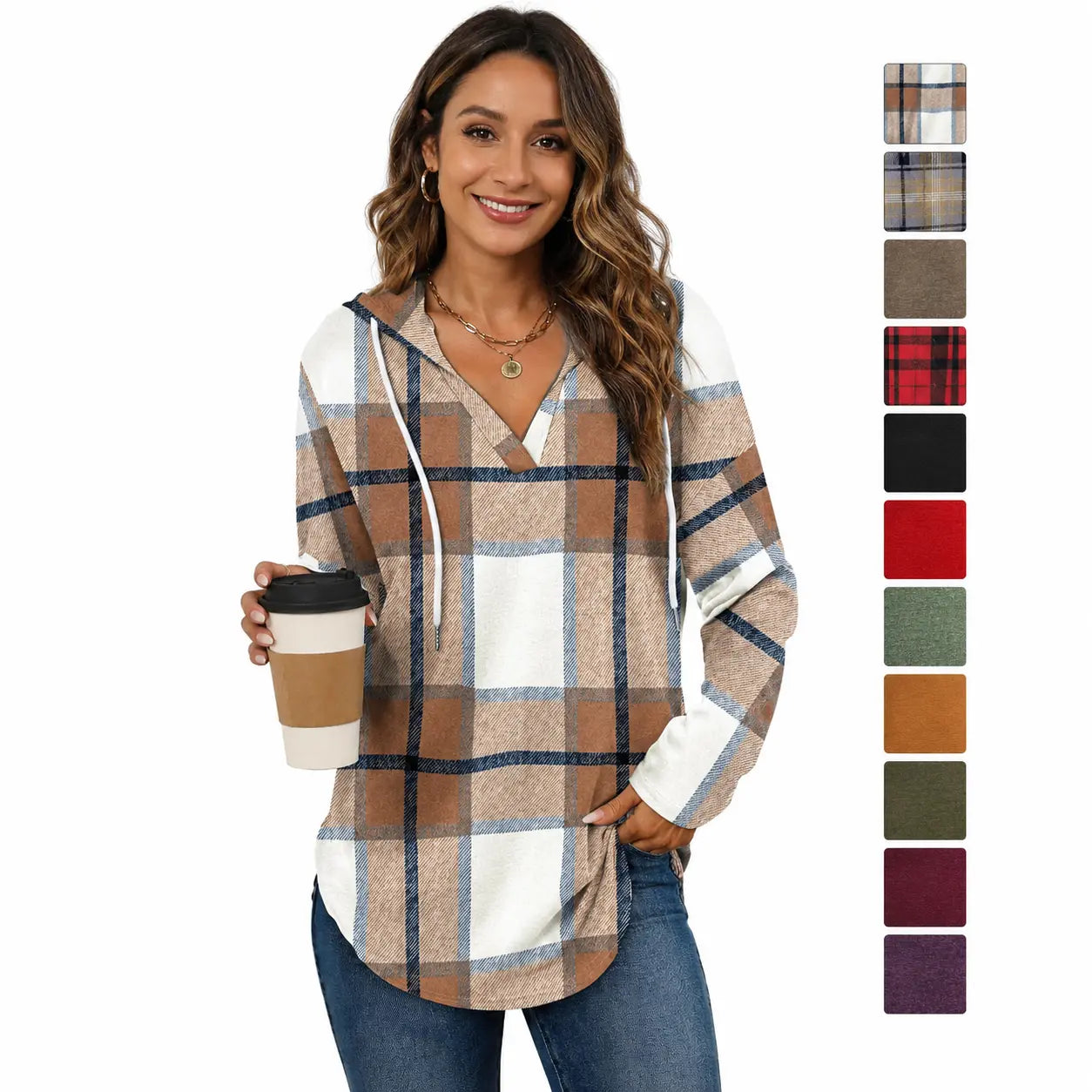 Women's Plaid V-Neck Hoodie Tunic - Soft Long Sleeve Sweatshirt