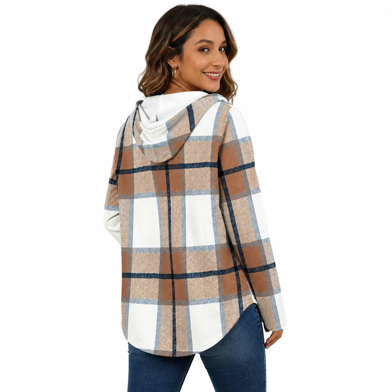 Women's Plaid V-Neck Hoodie Tunic - Soft Long Sleeve Sweatshirt