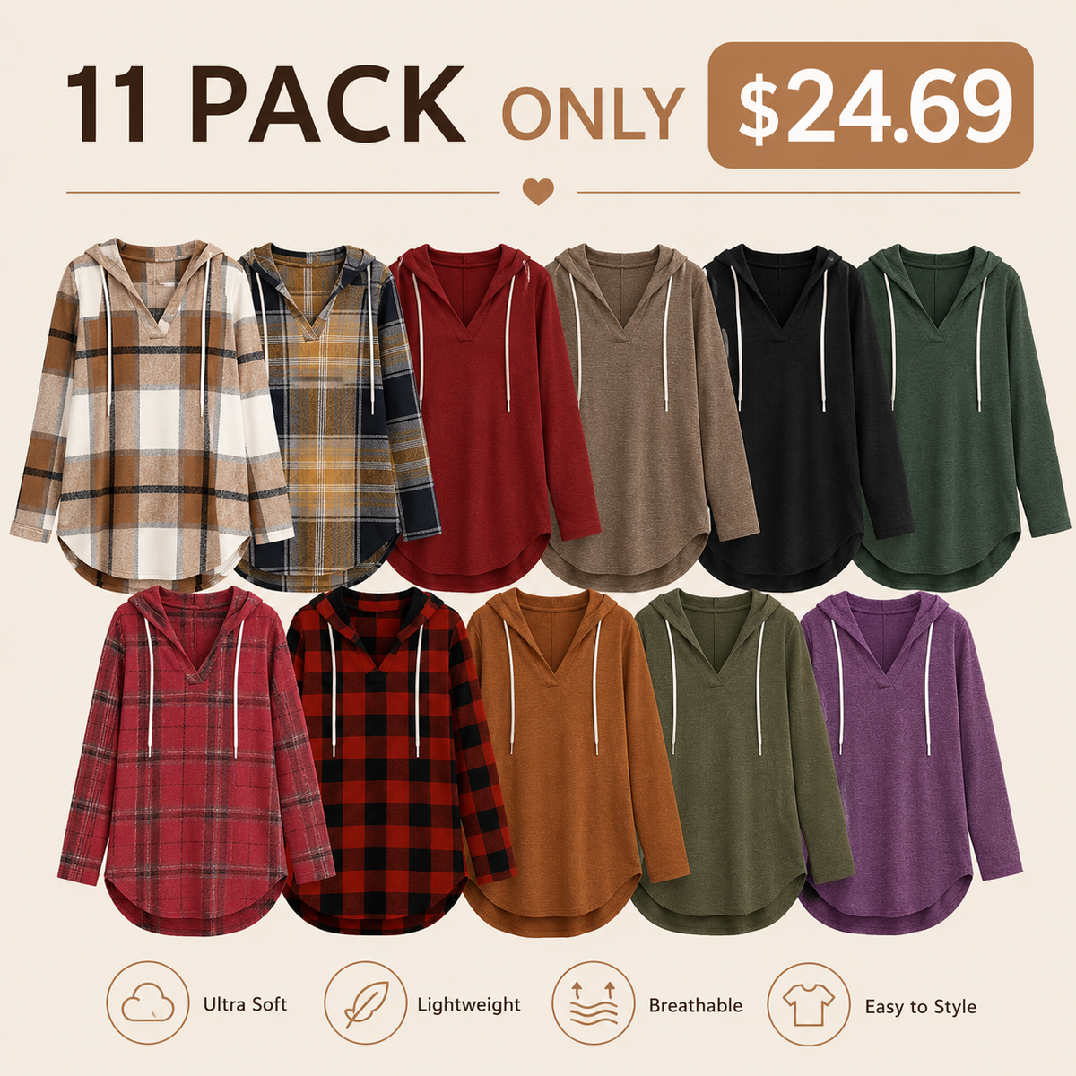 Women's Plaid V-Neck Hoodie Tunic - Soft Long Sleeve Sweatshirt
