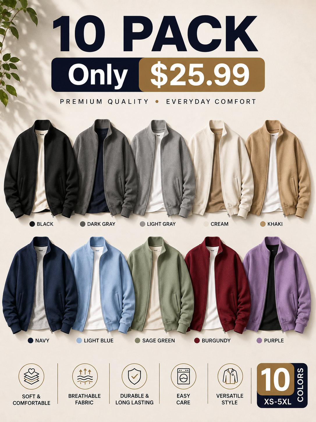 Men's Simple Casual Ribbed Stand Collar Zipper  Long Sleeved Jacket