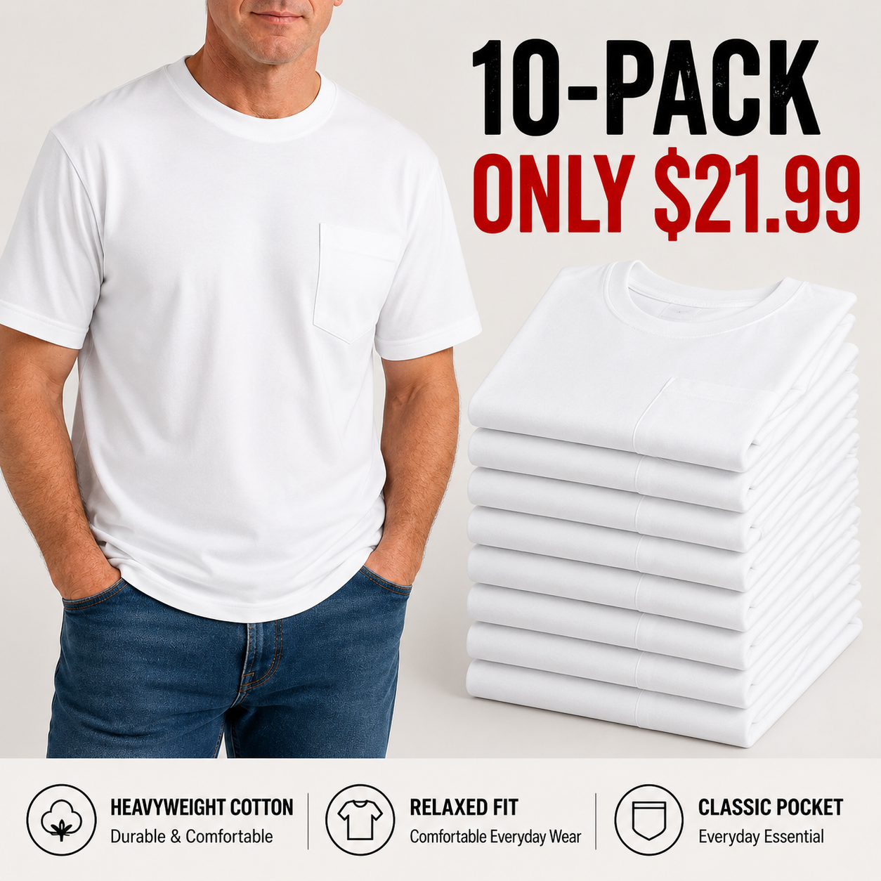 🔥Men's Heavyweight Cotton Pocket T-Shirt – Relaxed Fit Everyday Casual Tee