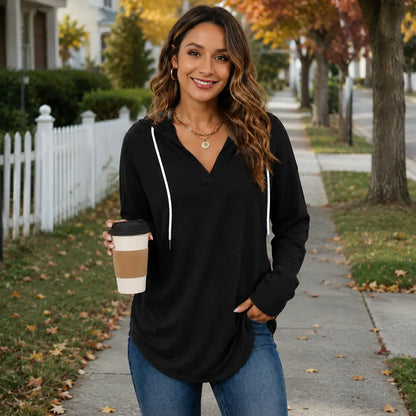 Women's Plaid V-Neck Hoodie Tunic - Soft Long Sleeve Sweatshirt
