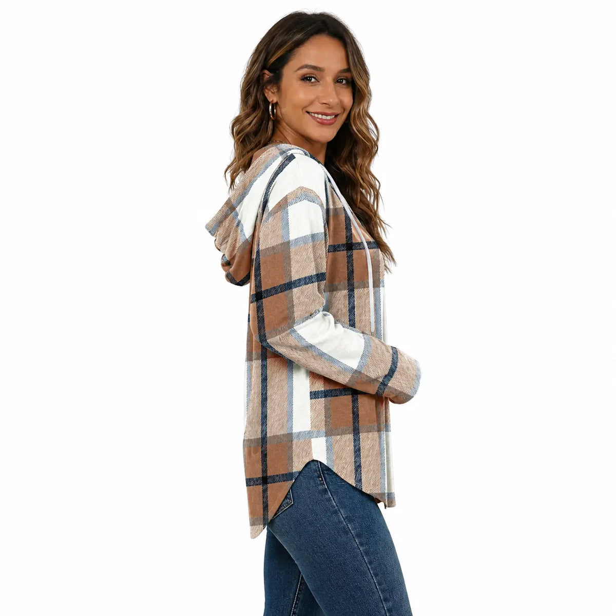 Women's Plaid V-Neck Hoodie Tunic - Soft Long Sleeve Sweatshirt