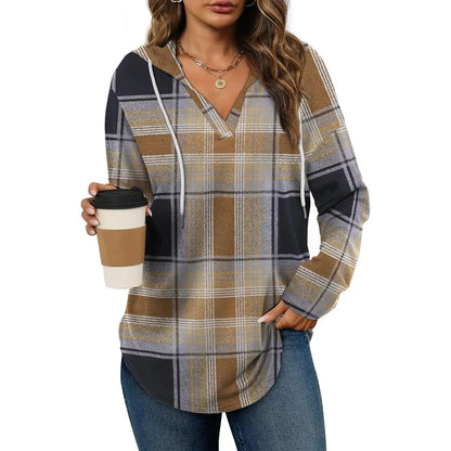 Women's Plaid V-Neck Hoodie Tunic - Soft Long Sleeve Sweatshirt