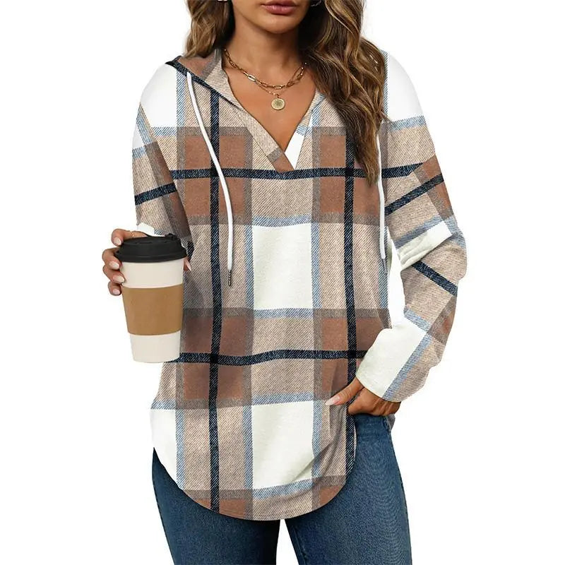 Women's Plaid V-Neck Hoodie Tunic - Soft Long Sleeve Sweatshirt