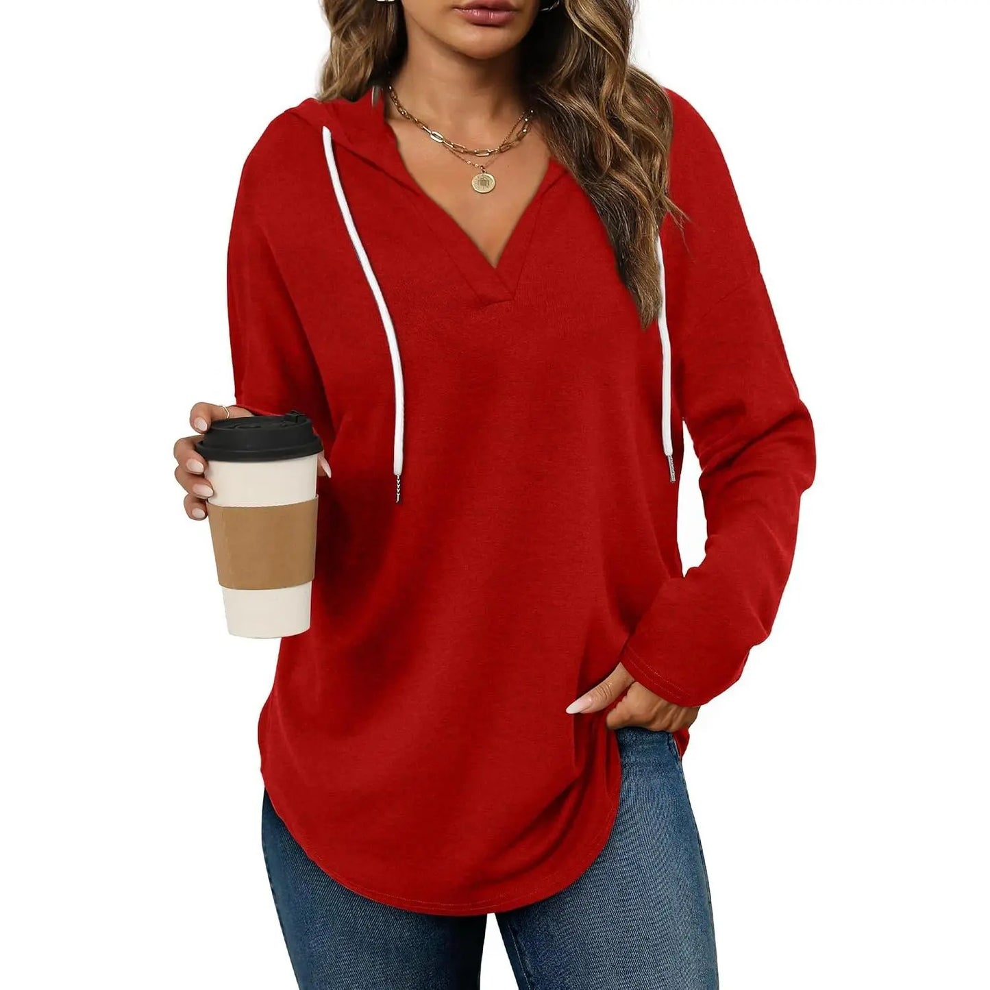 Women's Plaid V-Neck Hoodie Tunic - Soft Long Sleeve Sweatshirt