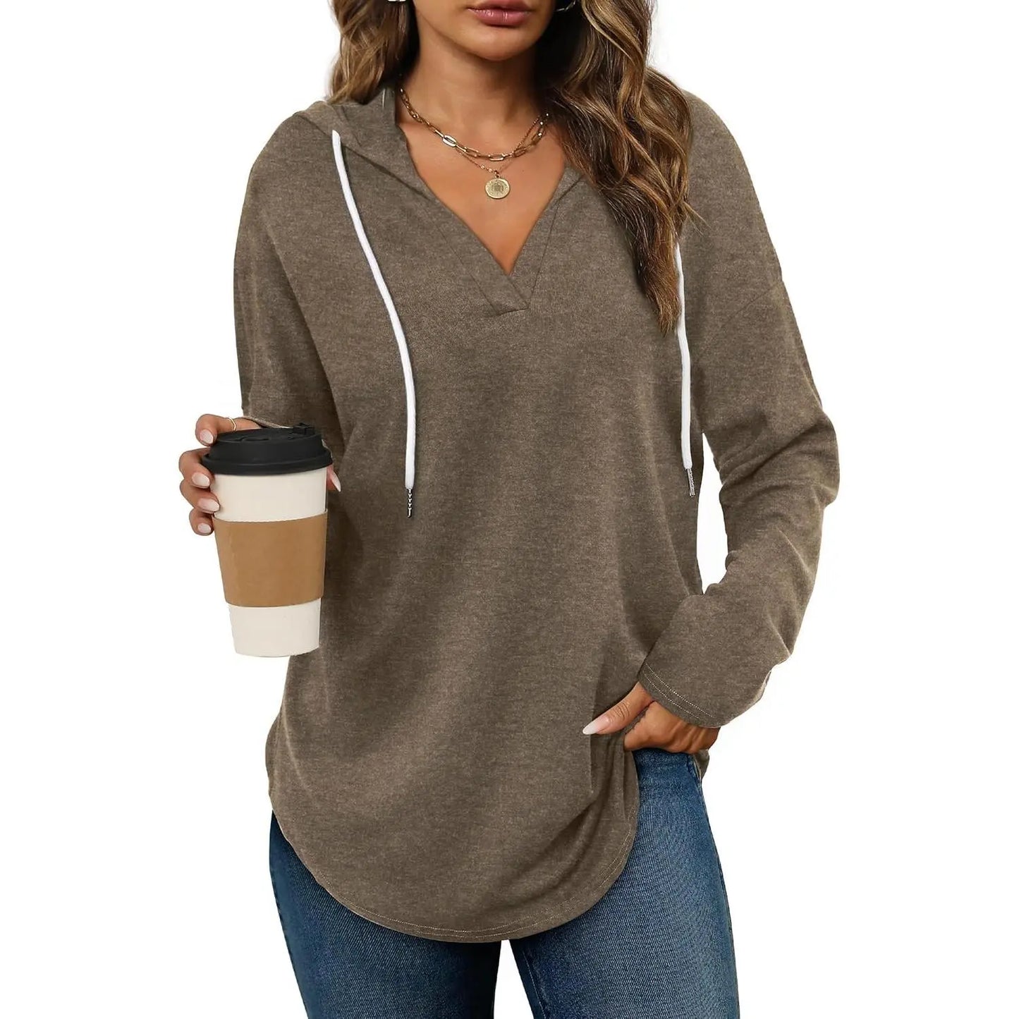 Women's Plaid V-Neck Hoodie Tunic - Soft Long Sleeve Sweatshirt
