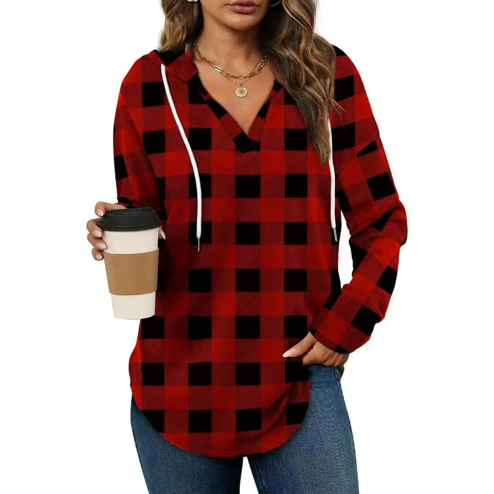 Women's Plaid V-Neck Hoodie Tunic - Soft Long Sleeve Sweatshirt