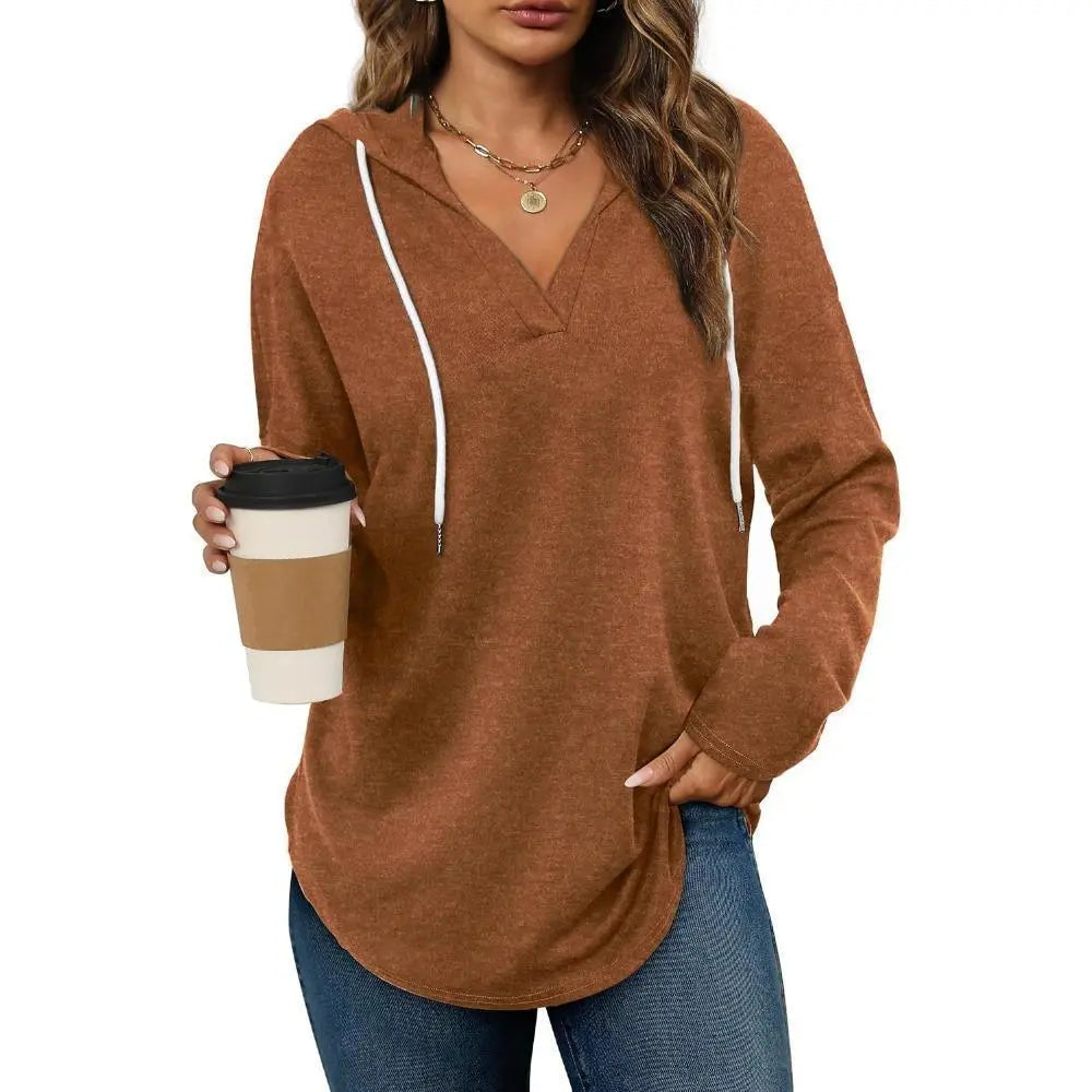 Women's Plaid V-Neck Hoodie Tunic - Soft Long Sleeve Sweatshirt