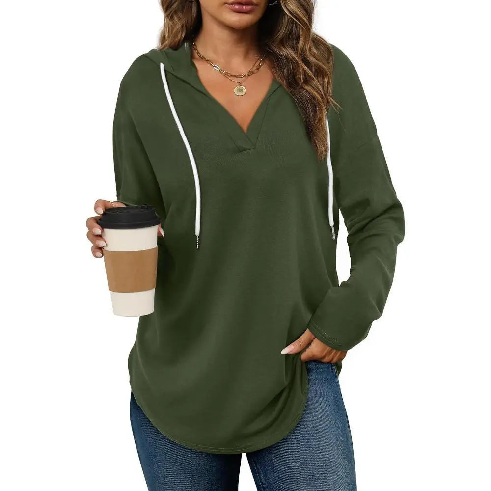 Women's Plaid V-Neck Hoodie Tunic - Soft Long Sleeve Sweatshirt