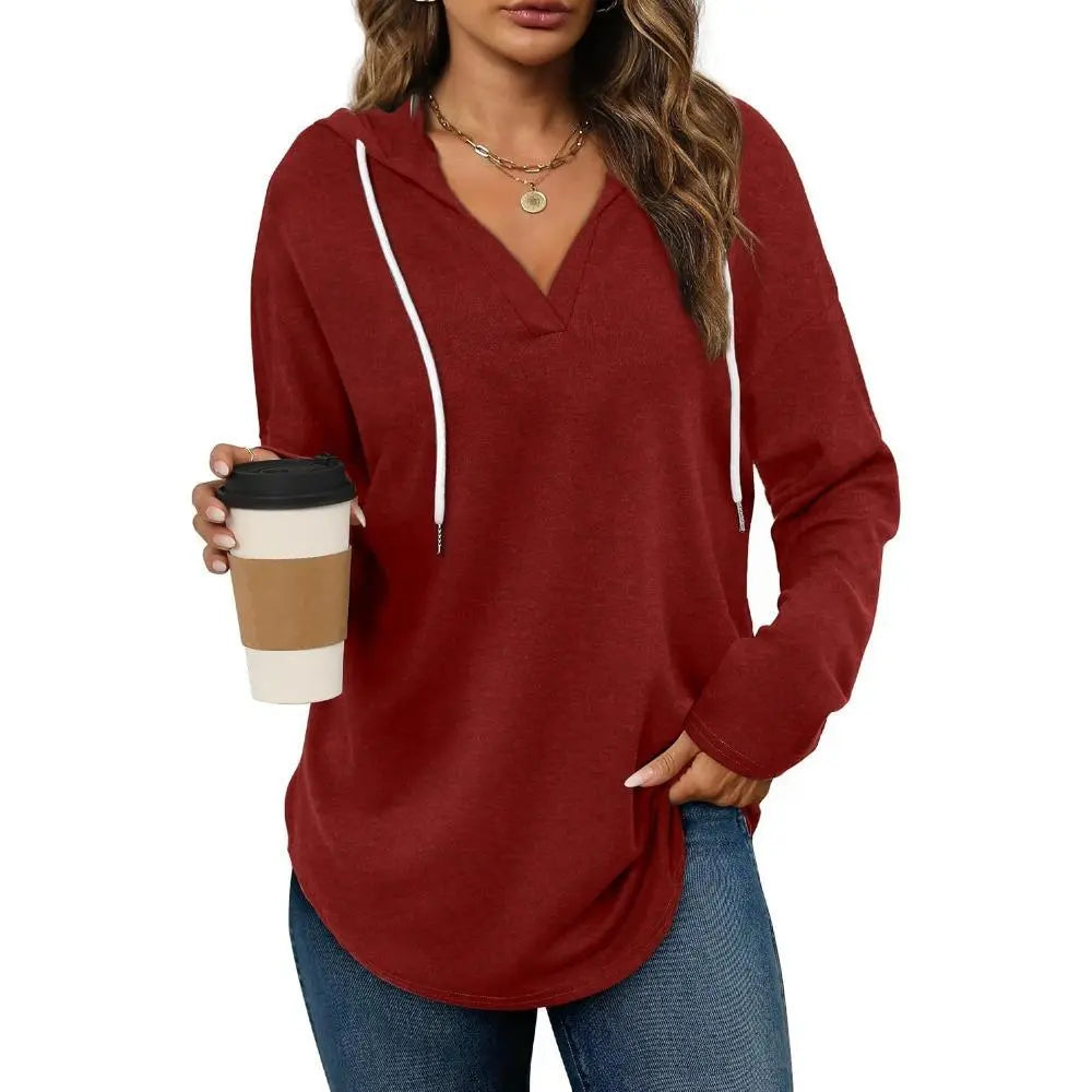 Women's Plaid V-Neck Hoodie Tunic - Soft Long Sleeve Sweatshirt