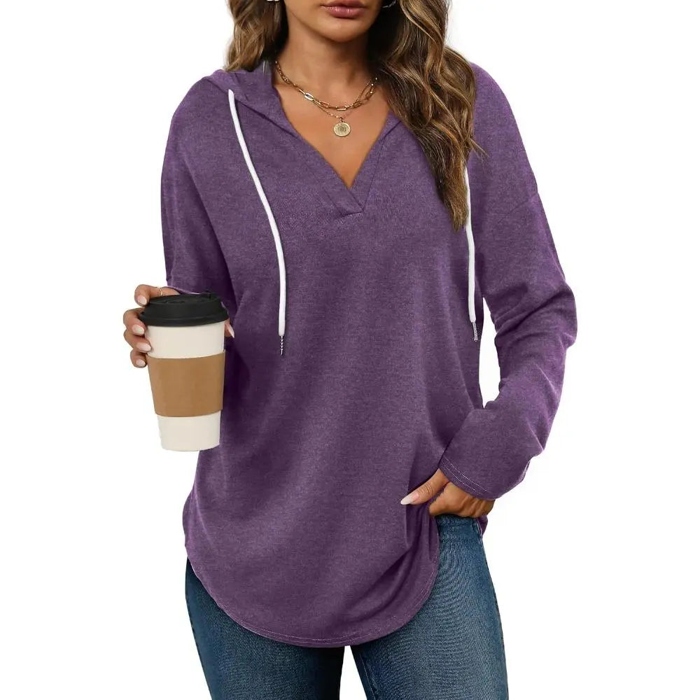 Women's Plaid V-Neck Hoodie Tunic - Soft Long Sleeve Sweatshirt