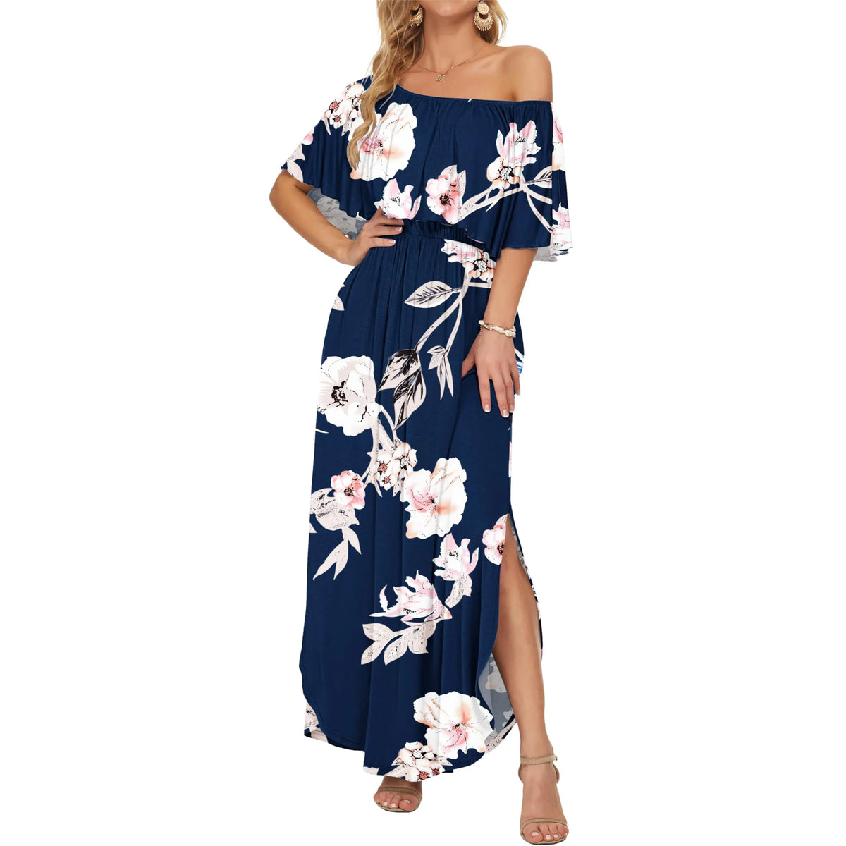 Women's Plus Size Off-Shoulder Floral Maxi Dress with Side Split