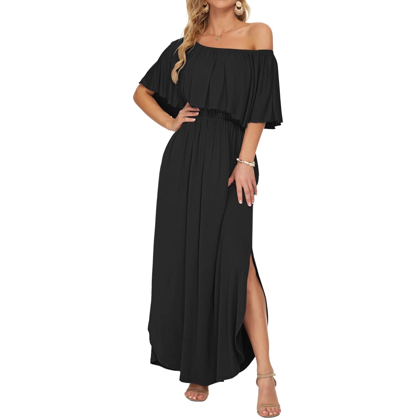 Women's Plus Size Off-Shoulder Floral Maxi Dress with Side Split