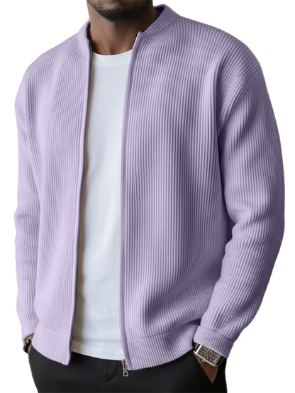 Men's Simple Casual Ribbed Stand Collar Zipper  Long Sleeved Jacket