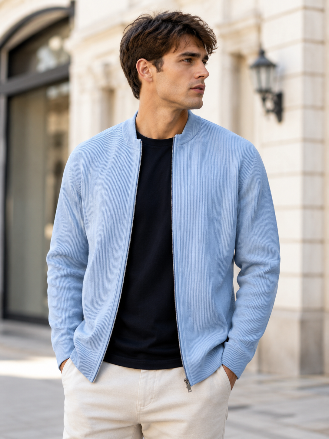 Men's Simple Casual Ribbed Stand Collar Zipper  Long Sleeved Jacket