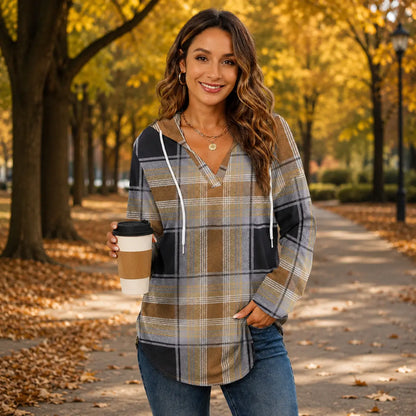 Women's Plaid V-Neck Hoodie Tunic - Soft Long Sleeve Sweatshirt