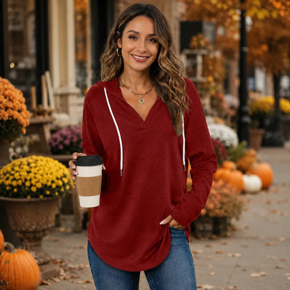 Women's Plaid V-Neck Hoodie Tunic - Soft Long Sleeve Sweatshirt