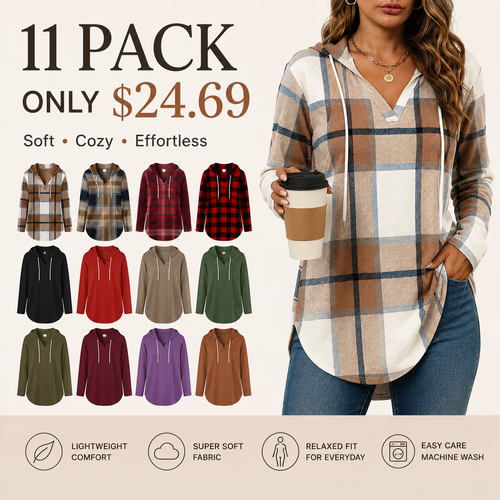 Women's Plaid V-Neck Hoodie Tunic - Soft Long Sleeve Sweatshirt
