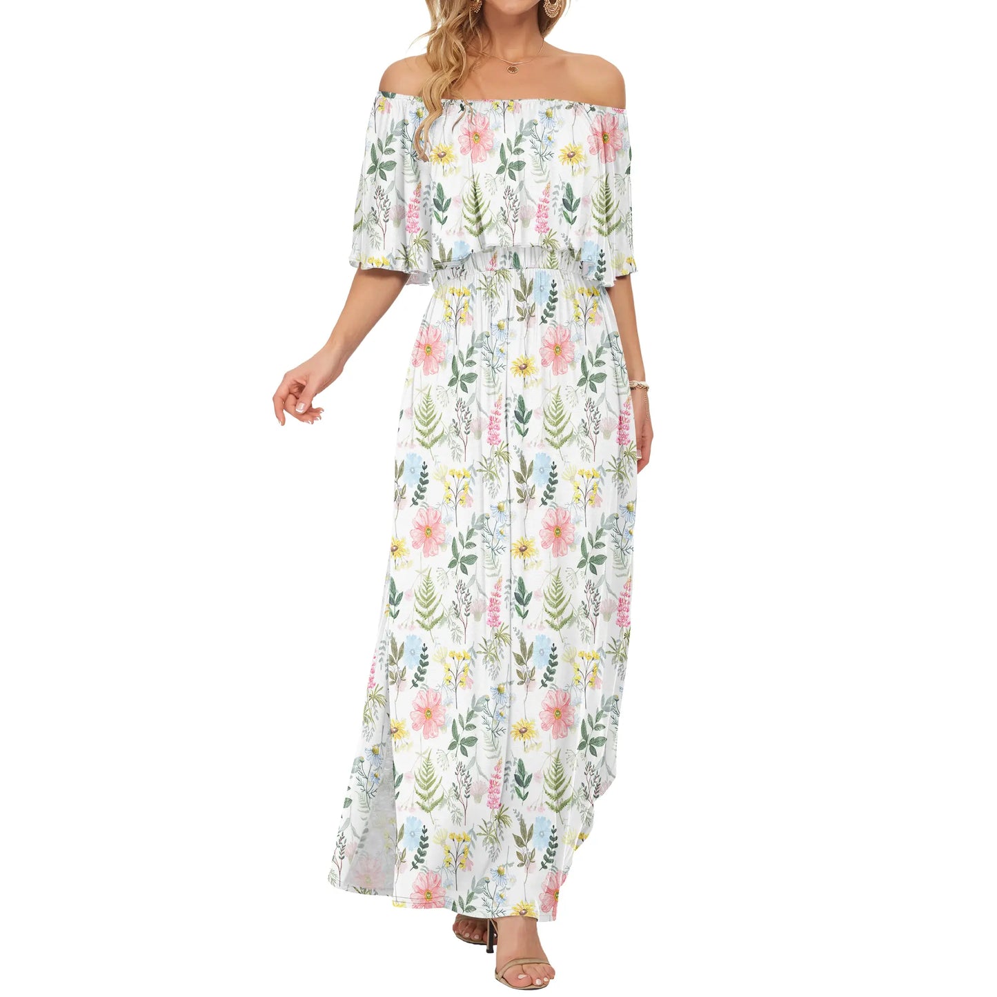 Women's Plus Size Off-Shoulder Floral Maxi Dress with Side Split